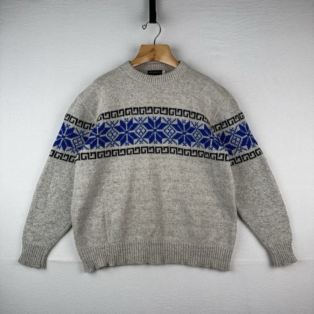 Vintage Continental Fair Isle Wool Blend Sweater Large Grey Blue Snow Made USA